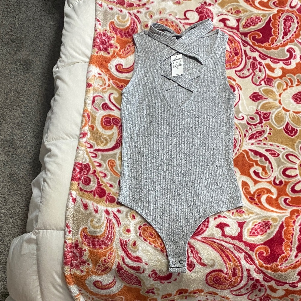 Express Heather Gray Crisscross Neck Bodysuit - Picture 4 of 8